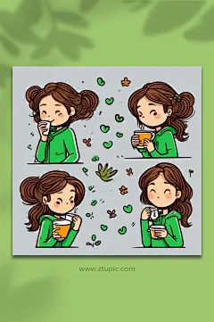 数字艺术喝咖啡人物手账贴纸表情包图片-众图网