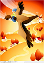 美好童年插画-起着燕子飞翔在秋天的田野上