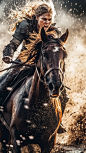 epic photography of a Valkyrie warrior on a horse riding into battle, intense action, dynamic juxtapositon, saturated high-contrast photo, visual effects, vfx