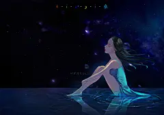 梦幻 星空 唯美 复古 清新 二次元 美女 爱心 星光 长发飘动 发光 光影 封面 插画 手绘 水彩 星星 星云 心痛 眼泪 悲伤 爱恋 蜷缩  海水