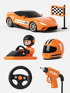一张包含6个赛车相关元素的系列素材集合插画，整体采用3D卡通风格，画面简洁明快，每个元素均有清晰的边缘和光滑的表面质感，主色调为橙色、黑色和白色，色彩对比鲜明且和谐。背景为纯白色，无其他装饰。6个元素呈规整的2行3列排布，每个元素独立存在且大小一致。第一个元素是一辆橙色为主、黑色点缀的流线型赛车，车身上有白色的“RACING TEAM”字样和数字“111”标志，车轮为黑色，带有银色轮毂；第二个元素是一位穿着橙色赛车服、戴着黑色头盔的赛车手，正坐在驾驶座上，双手握着方向盘，表情专注；第三个元素是一面黑白格子
