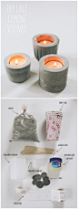 DIY LACE CEMENT VOTIVES ::这些是使用切纸和花边胶带制成的，可以以相对便宜的价格在Etsy上购买....： 