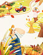 331号手绘卡通人物插画秋季庄园丰收水果采蜜捕鱼psd模板素材-淘宝网