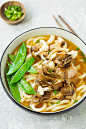 Udon noodle soup with miso flavors, ready to be served.