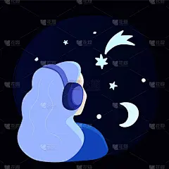 女孩戴着耳机听音乐，脑子里满是星星。宇宙冥想低保真音乐概念。矢量插图现代平面风格。夜空backgru