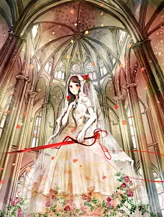 【纯洁的少女】婚纱特辑 : “婚纱”是新娘的象征。很多人都曾憧憬那洁白无瑕的婚纱吧。现在，说到婚纱通常想到的都是白色。但是这个白色婚纱这个印象真正人心，则是在1840年英国的维多利亚女王身穿纯白的婚纱举办婚礼之后。从此，纯白色的婚纱不仅成为了英国国内新娘们憧憬的礼服，欧洲和亚洲地区的新娘们也都非常憧憬。
这次就为大家送上角色们身穿洁白美丽的婚纱的插画作品特辑。