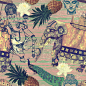 Samless pattern in vintage style with indian elephants flowers, pineapples