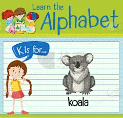 闪卡,树袋熊,英文字母K,可爱的,白色,单词,字母,图像,演讲