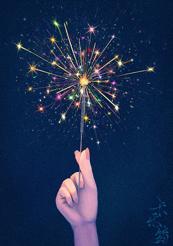 在夜晚手持仙女棒插画