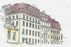 水彩素描水彩素描或插图德国德累斯顿传统建筑