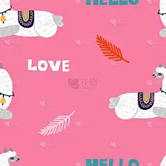 骆驼无缝模式。可爱的羊驼哺乳动物幼稚的背景，树叶和爱的文字，孩子们创意设计的纺织品包装纸，壁纸矢量隔