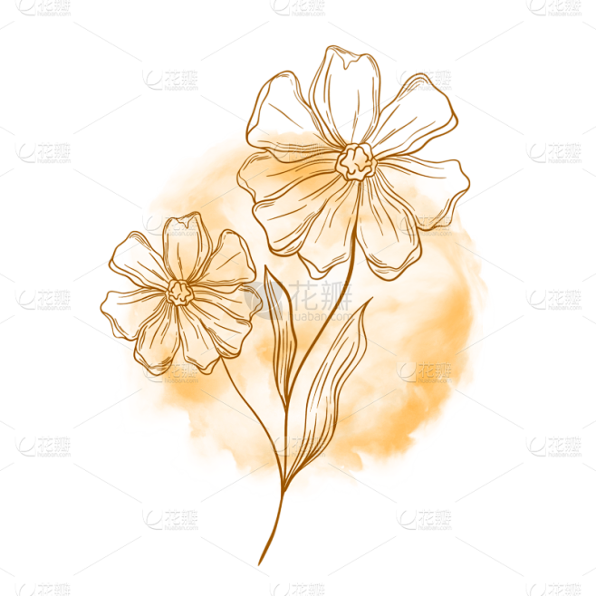 黄色水彩烟雾线稿花卉元素