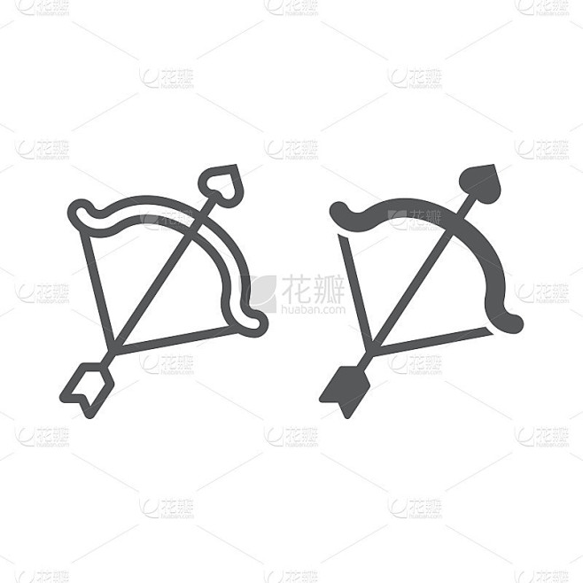 丘比特弓线和字形图标，情人节和假日，箭头标志，矢量图形，一个白色背景上的线性模式，eps 10。