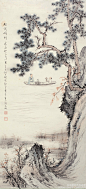 【 刘子久 《画山水》 】刘子久（1891—1975）的国画作品章法谨严，笔墨苍劲，赋色沉静。其用笔雄强稳重，源出郭熙、李唐、马远、夏皀、戴进诸家。所画山石林木茂盛苍古，盖得力于盛懋、王叔明、王石谷等人。在墨法上，刘子久兼用积墨、破墨、泼墨，浓淡干湿相得益彰，融南北二宗于一炉。