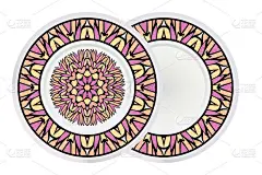 两套简单圆形花曼荼罗，民族动机。明亮的装饰由简单的形状组成。矢量图. .家居装饰，涂色书，贺卡，请帖