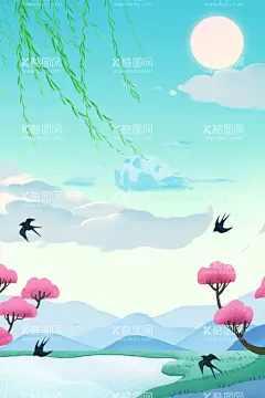 春日背景  - 源文件下载【酷图网】手绘,山,水,春日,惊蛰,节气,背景