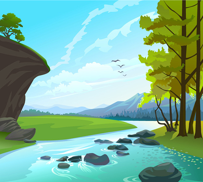 卡通山水画矢量素材素材格式eps素材关键词树木河流峡谷