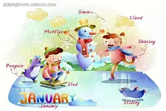 january教学绘本PSD分层素材|帮助|插画|冬天|动漫|滑冰|教学|卡通绘本|卡通人物|可爱|漫画人物|企鹅|人物|手绘|学习|雪人|英语|语言