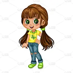 一个可爱开朗的女孩穿着漂亮的裙子的卡通插图。小孩的卡通