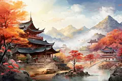 枫叶红叶植物水墨风秋天秋季自然风景插画
