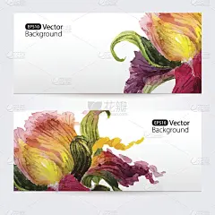 两幅绘有蝴蝶花的水彩画横幅