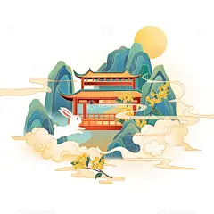 中秋节古风建筑山水插画背景素材高清模板免费下载-趣麦麦图