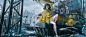 Anime 4699x2000 anime anime girls water umbrella original characters Rolua Noa rain clouds thighs barefoot yellow raincoat short hair women outdoors 2D