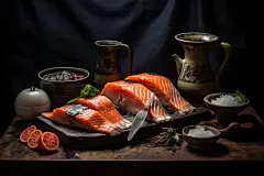 美味诱人的海鲜刺身拼盘三文鱼摄影图片