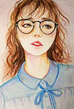 小清新 手绘 水彩 封面 插画 女孩 森女 眼镜 卷发 二次元 淡雅 半身像 可爱 斑点 日系 欧美 时尚