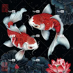 两条红白相间的传统金鱼，饰以金箔和翡翠粉色的荷花海报