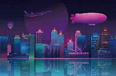 免注册|免会员 - 未来科技科幻霓虹灯渐变绚丽城市建筑夜景灯光插画AI/PSD设计素材