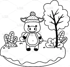 猪,式样,卡通,可爱的,自然,动物园,多样,环境,图像,灌木