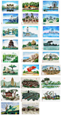 旅游景区景点山水公园河湖钢笔淡彩插图插画海报设计psd模板素材