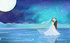情人节插画手绘卡通月亮星空拥抱恋人原创人物情侣插画