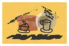 创意极简主义手绘抽象艺术背景食物、甜点。涂鸦杯茶，咖啡与蛋糕，画水墨笔刷纹理形状，线条艺术品墙壁装饰