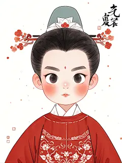 Q版明代年轻帅气状元郎，中国明代朝服，官服，深红色，圆领银花袍，袍子是传统图案缠枝纹，披红，白纱单衣，头戴乌纱帽，簪花，人物特写，双眼皮，大眼睛，晕染，意境水墨，浪漫古风