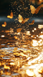 流水生金壁纸，金色蝴蝶舞动梦幻财富梦境