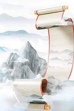 3D立体中国风山水卷轴场景国潮水墨