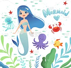 水下,美人鱼,背景,卡通,生活方式,可爱的,请柬,女性特质,公主,女人