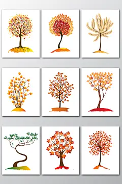 矢量唯美手绘秋天主题树木素材