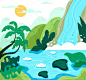 丛林瀑布景观夏季山的概念。矢量平面设计插图