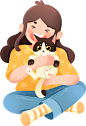 宠物扁平派对插画-女孩和猫咪