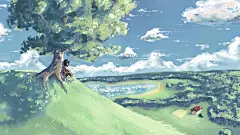 小山,树,男孩,小屋,风景,绘画壁纸