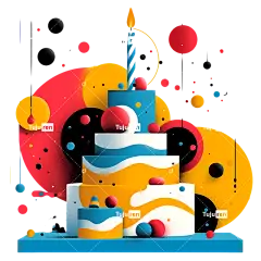 生日聚会背景-彩色蛋糕，点燃蜡烛和装饰球