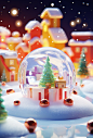 A colorful christmas scene with presents inside, in the style of rendered in cinema4d, chinapunk, glass as material, snow scenes, toycore, photorealistic scenes