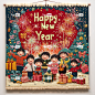 顶部用羊毛手工编织的“新年快乐”字样描绘了新年场景，一群孩子