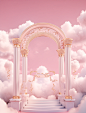 white arch and pink cloud clouds on a pink background, in the style of baroque-inspired grandeur, photorealistic renderings, lomo lc-a, aerial view, award-winning, furaffinity, fairycore