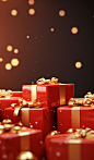 A collection of red boxes with gold decorations on a red background, in the style of rendered in unreal engine, minimal retouching, #vfxfriday, bokeh panorama, charming character illustrations, xmaspunk, hyper-realistic oil