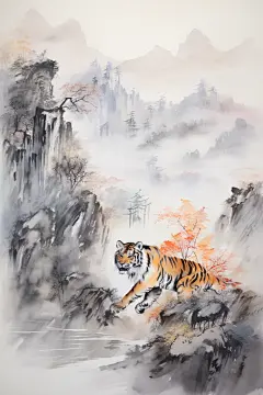 猛兽森林之王老虎云雾艺术画作背景图