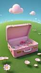 A-open-empty-pink-suitcase-on-the-wide-grass-surrounded-by-flowers--in-front-view--high-view--the-suitcase-is-empty-inside--with-sky-blue-background--in-the-cartoon-style--rendered-in-C4D--as-a-3D-sce (4)